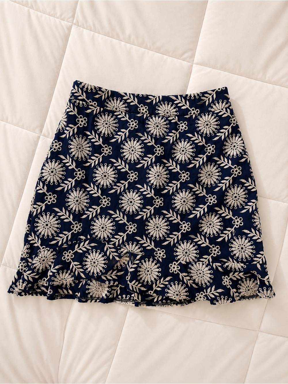Embroidered Navy Mini Skirt with Cream Floral Motif